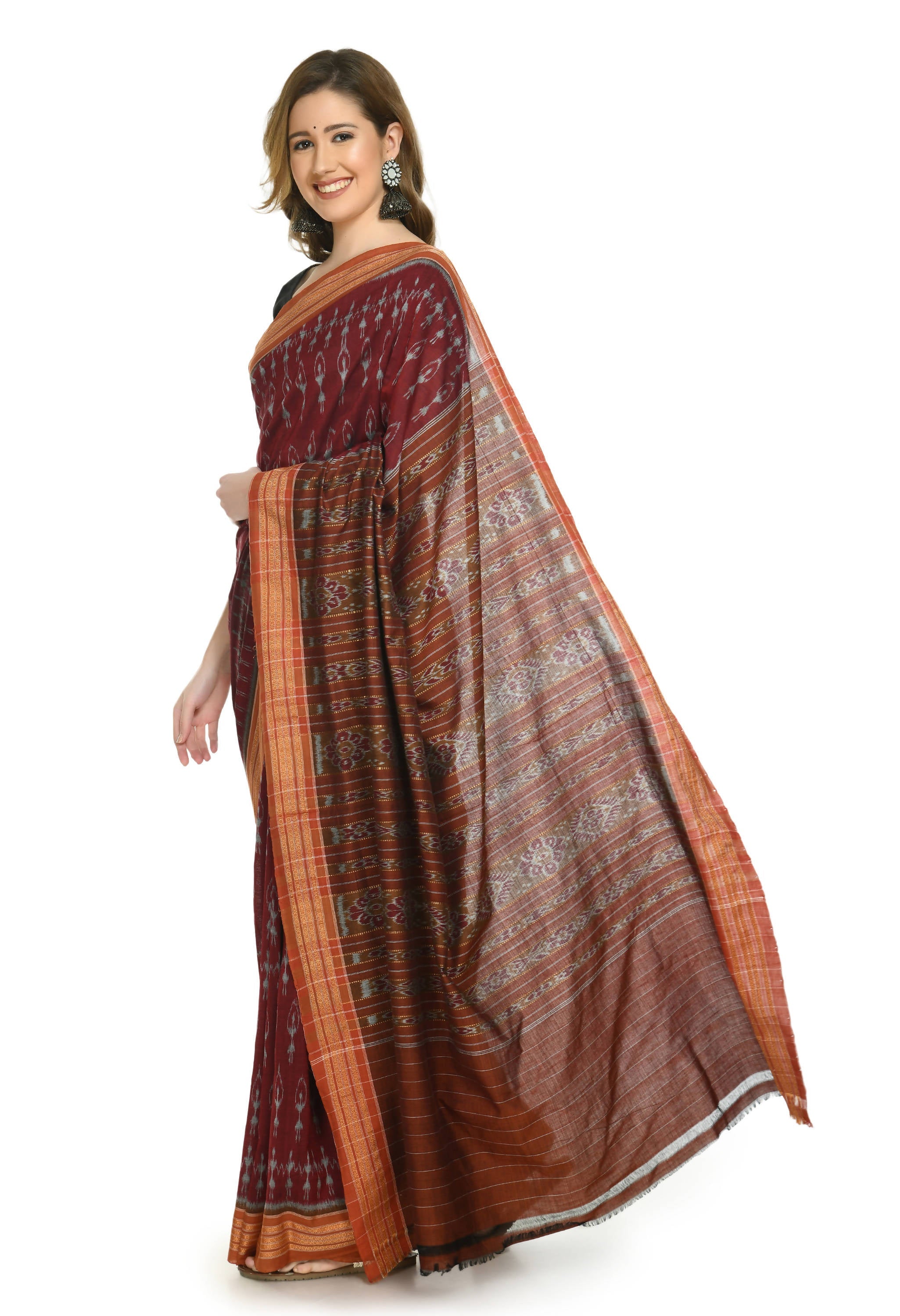 Vamika Sambalpuri Ikat Cotton Dehabandha Black & Maroon Saree | Grocsy