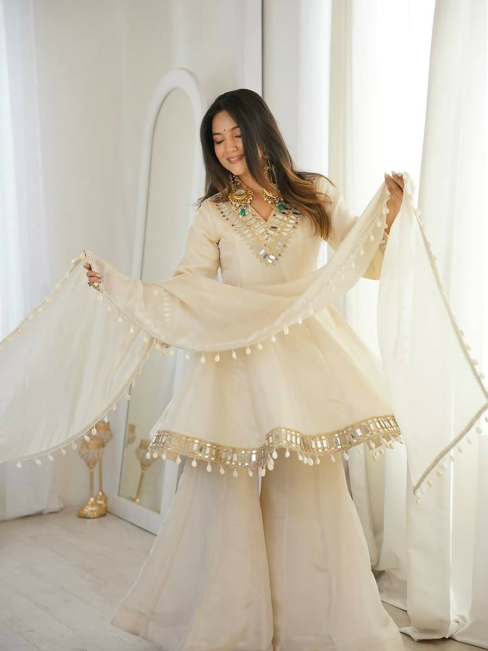 Teeya Creation New Latest Trendy Real Mirror Work With Lace Border Cream Kurta Set | Grocsy