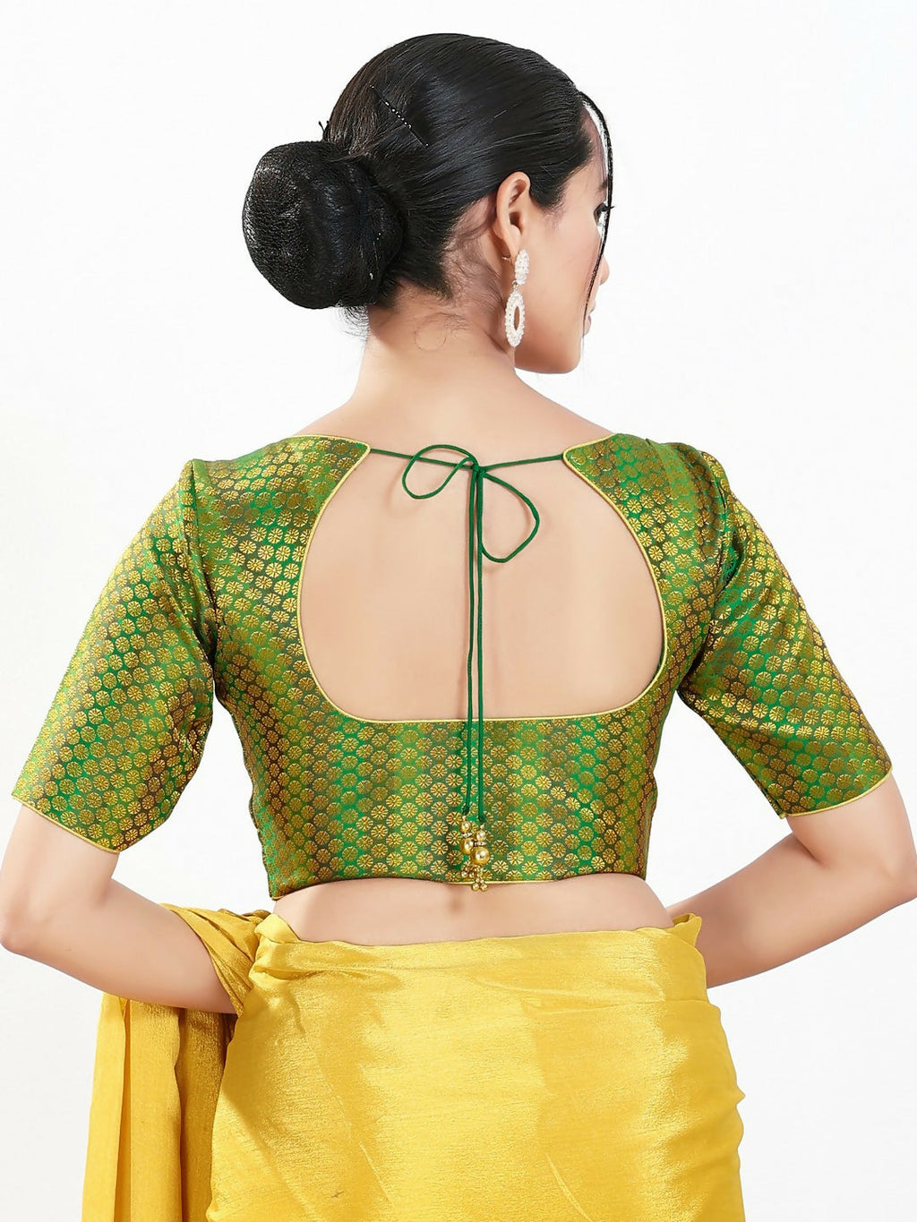 Joban Fashion Green Brocade Padded Blouse With Sweetheart Neck Elbow Sleeves | Grocsy