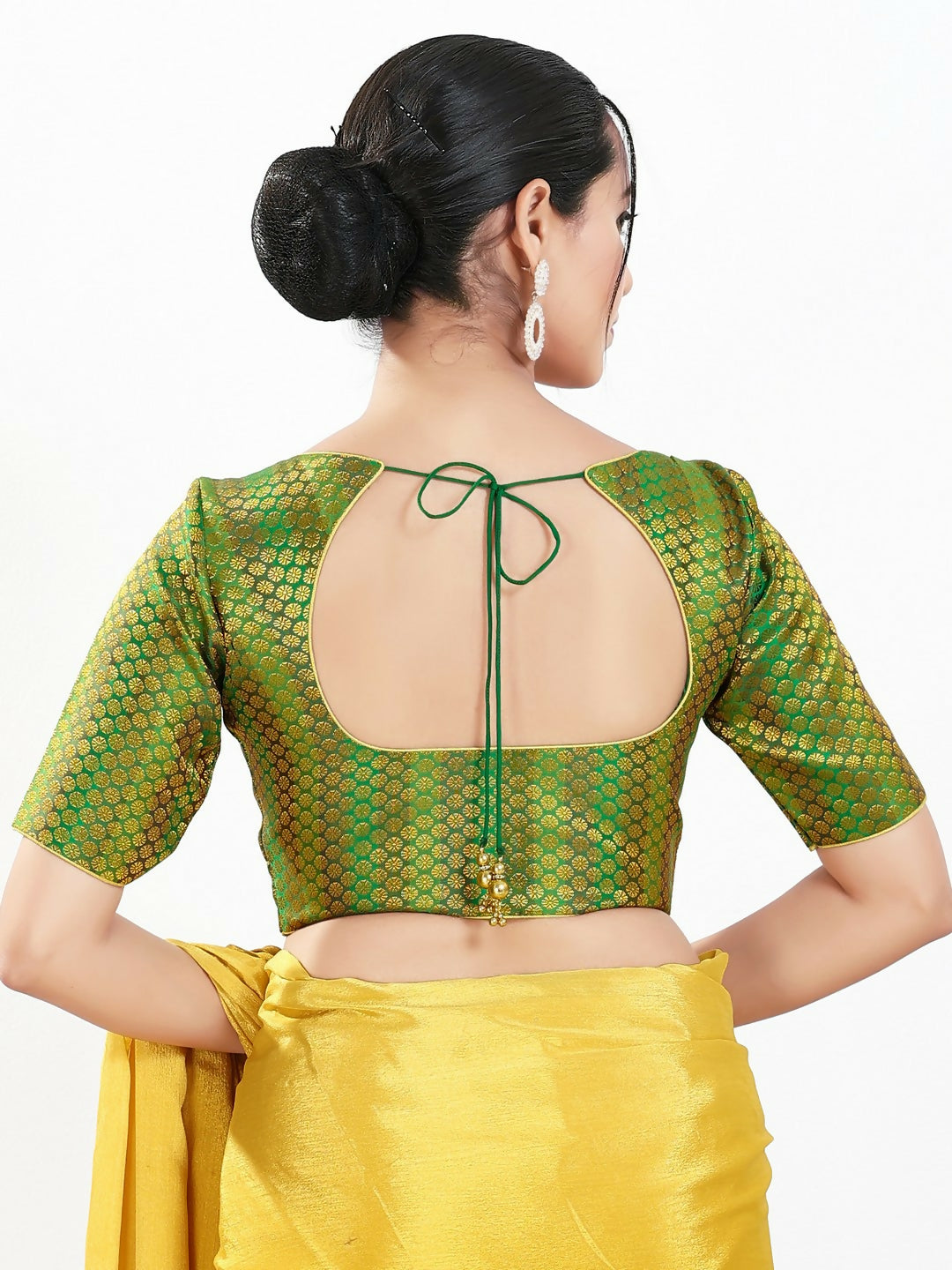 Joban Fashion Green Brocade Padded Blouse With Sweetheart Neck Elbow Sleeves | Grocsy