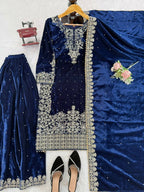 Vastranavya Blue Viscose Velvet Cording Sequence With Moti Work Top-Bottom With Dupatta | Grocsy