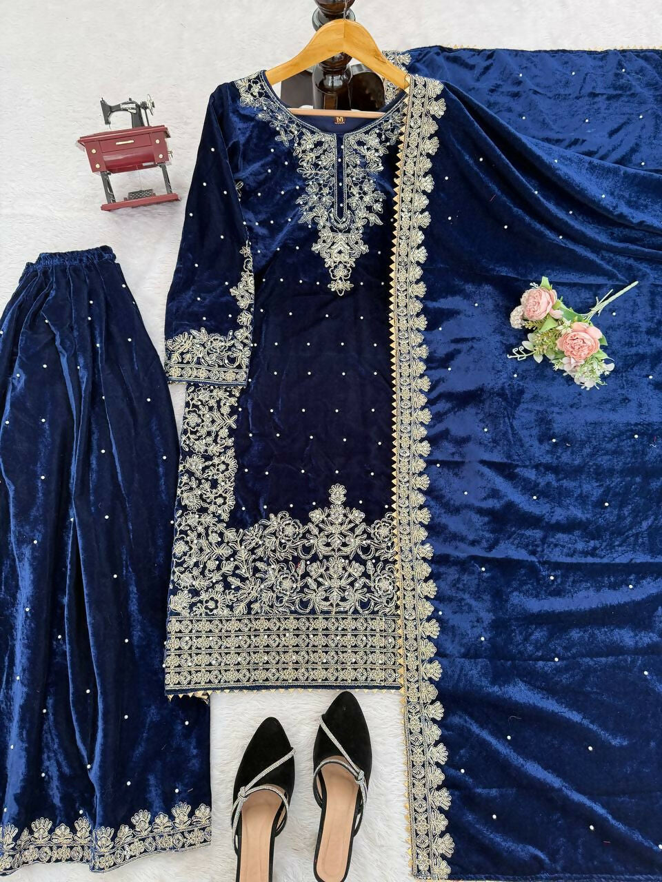 Vastranavya Blue Viscose Velvet Cording Sequence With Moti Work Top-Bottom With Dupatta | Grocsy