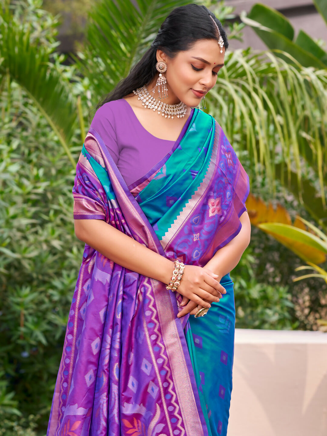 Shree Shyam Fashion Rama Blue Pochampally Silk Saree | Grocsy