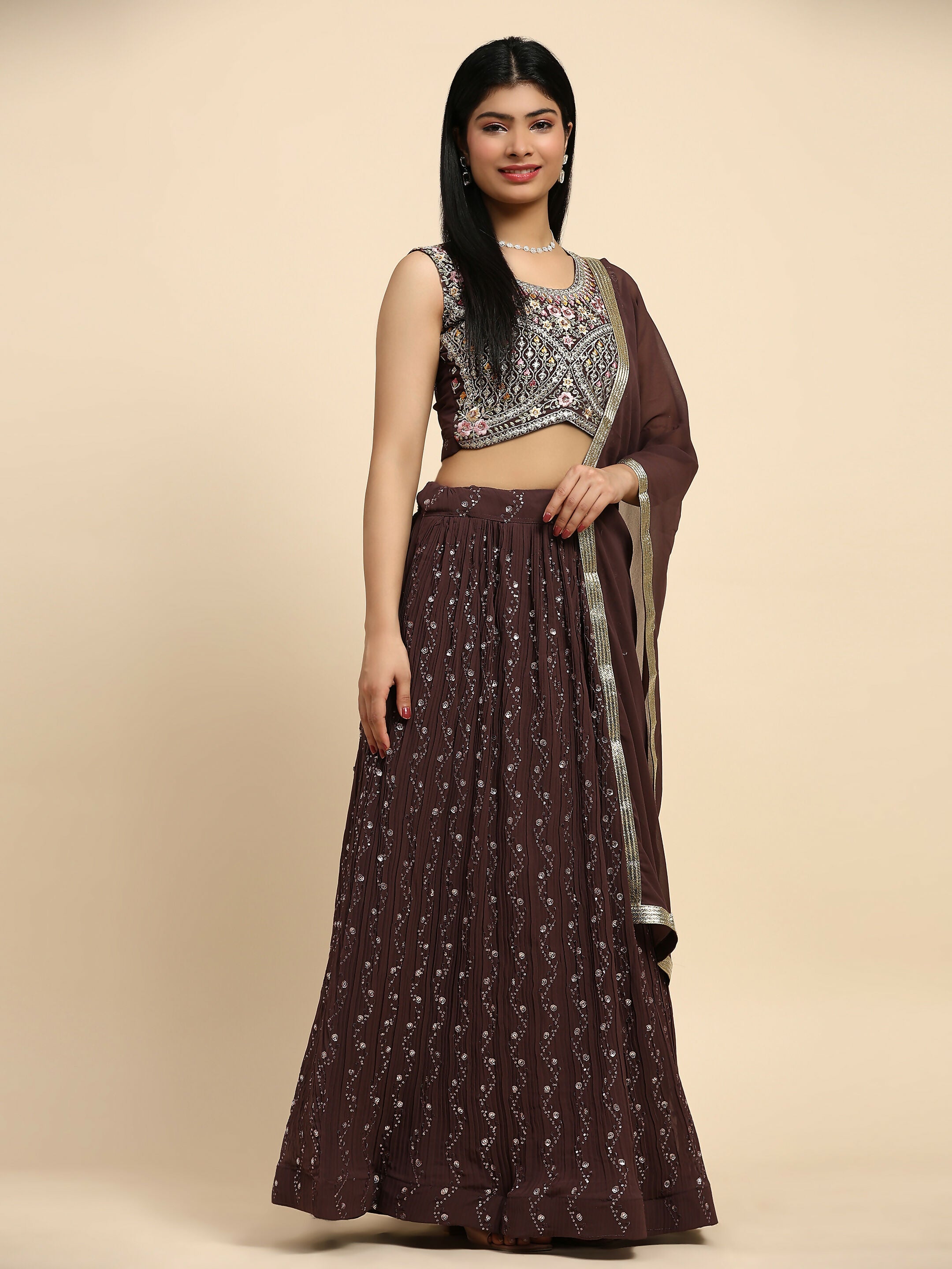 Brown Georgette Embroidered Lehenga choli with Dupatta - Dhara | Grocsy