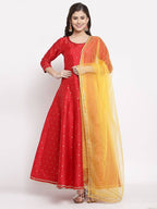 Myshka Women's Red Silk Solid 3/4 Sleeve Round Neck Casual Anarkali Kurta Dupatta Set | Grocsy