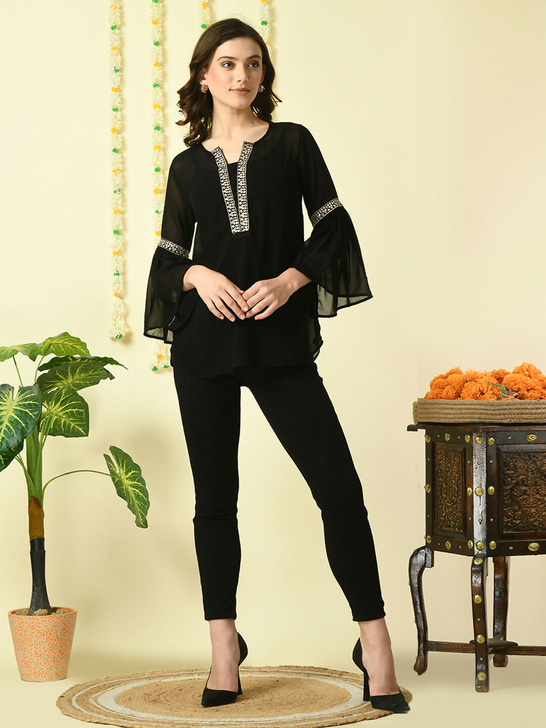 Myshka Women's Black Embroidered Party Fusion Top | Grocsy