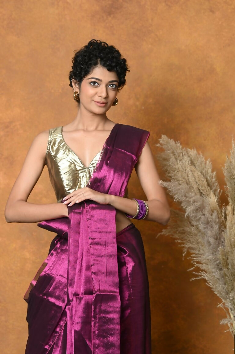 Very Much Indian Fusion Cotton Tissue Shimmer Saree - Maroon | Grocsy