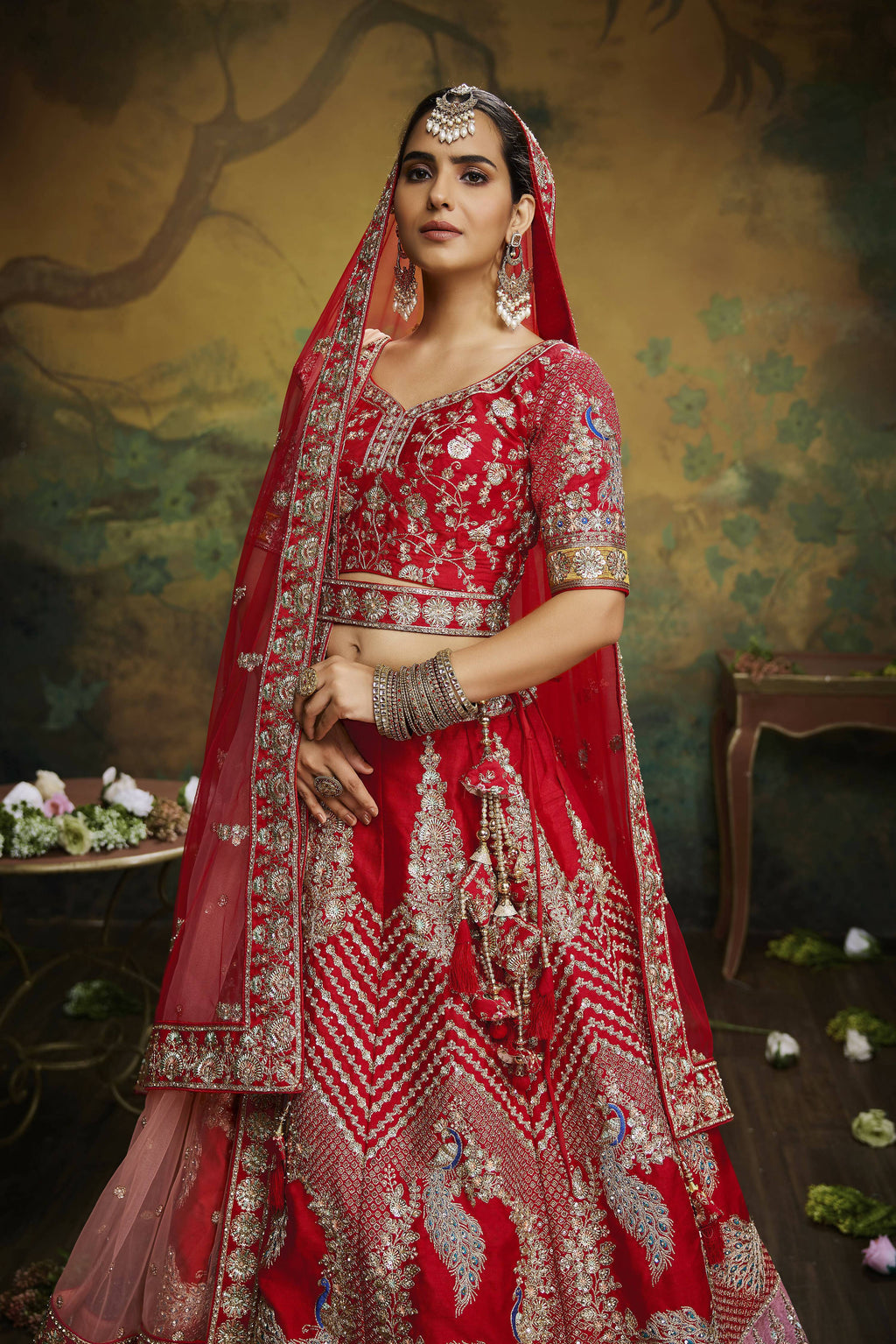 House of Panchhi Red Pure Silk Moti & Zarkan heavy embroidery Lehenga choli & Dupatta | Grocsy