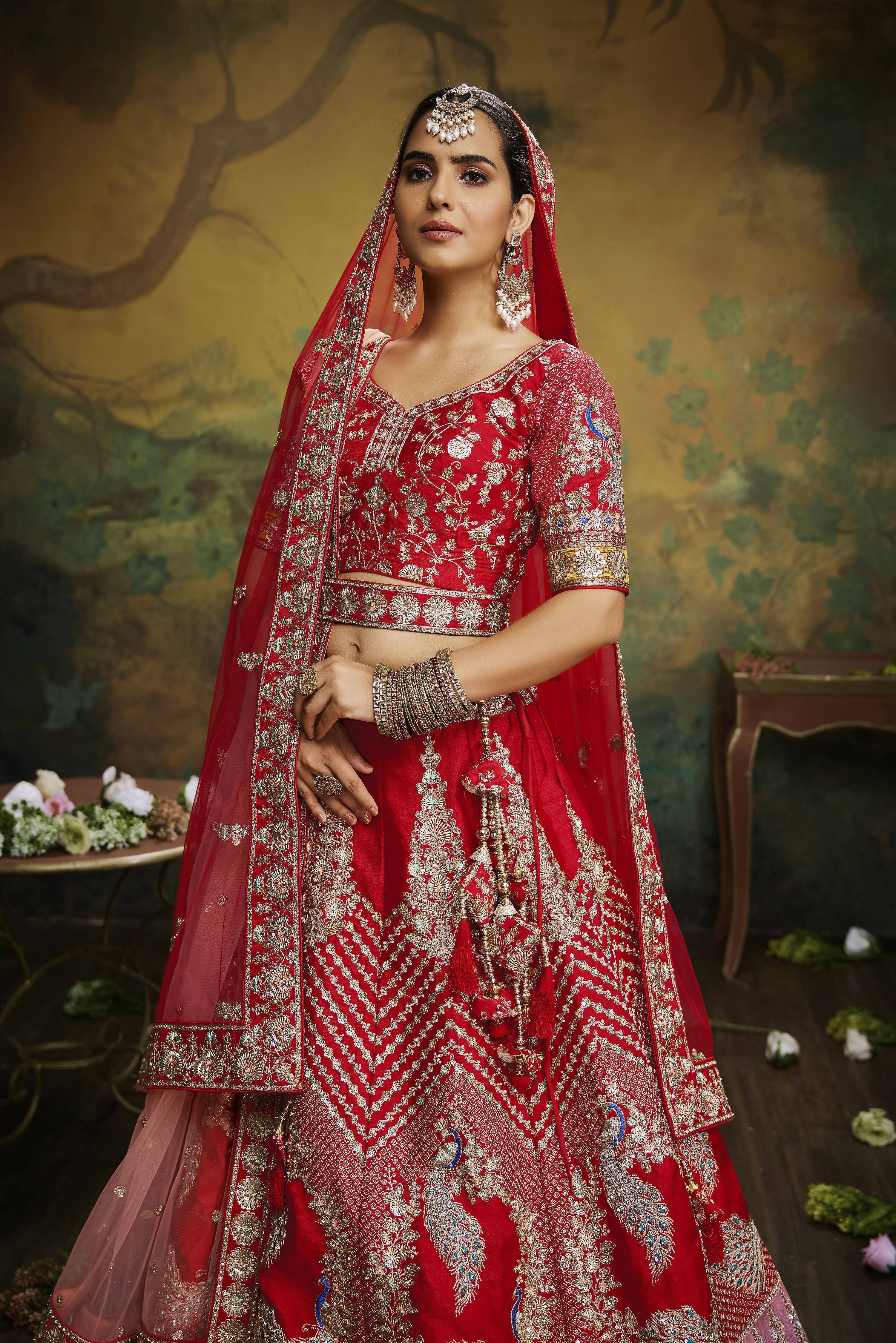 House of Panchhi Red Pure Silk Moti & Zarkan heavy embroidery Lehenga choli & Dupatta | Grocsy