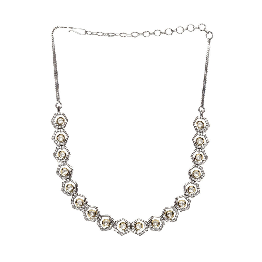 Dual Tone Gold and Silver Choker with American Diamonds and Kundan (Silver) - Ruby Raang | Grocsy