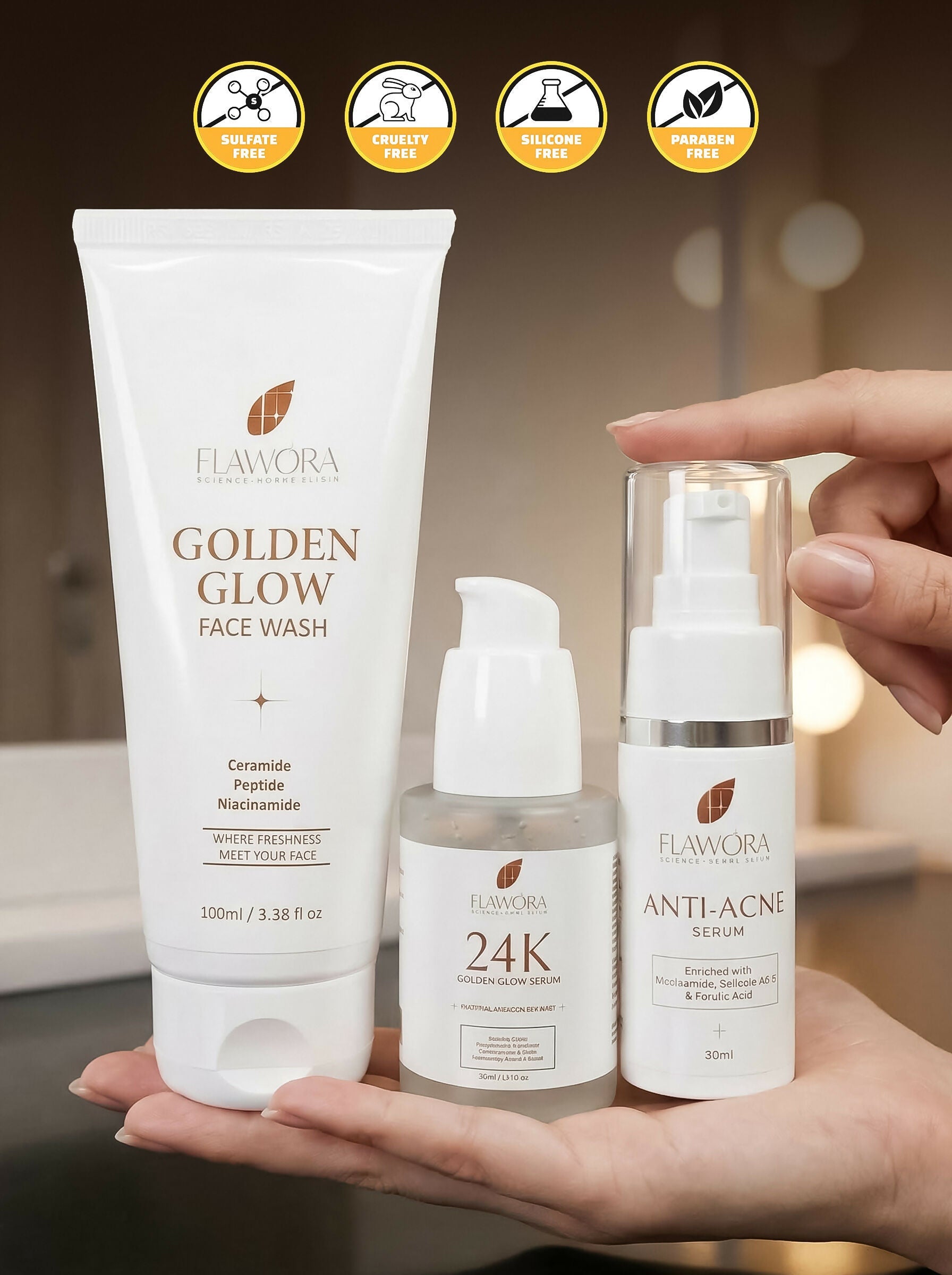 Flawora Set of Golden Glow Face Wash, Anti Acne Serum and 24k Golden Glow Face Serum | Grocsy