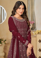 Faux Georgette Maroon Embroidered Gharara Style Suit - Emponline | Grocsy