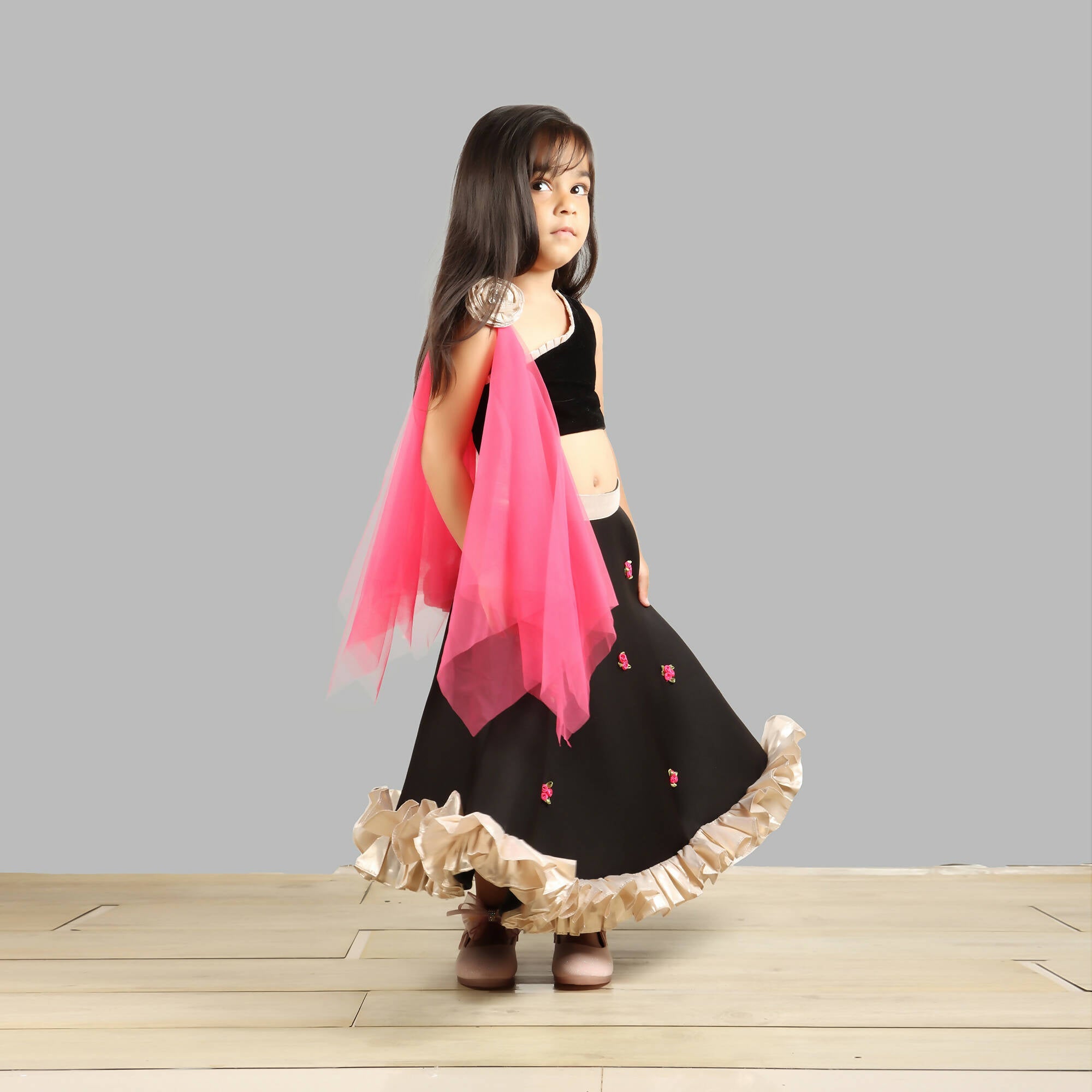 Pink Cow Fashions Black Ghagra Choli With Pink Dupatta | Grocsy