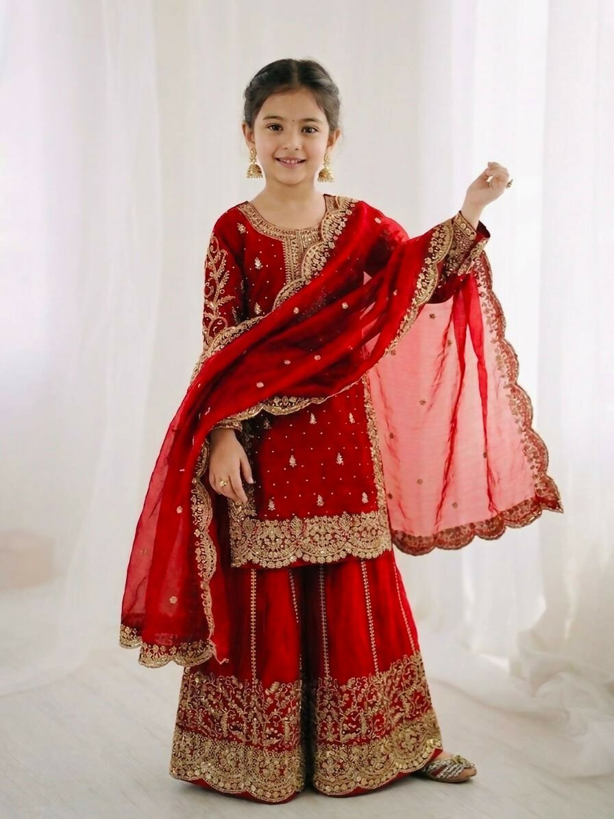 Teeya Creation New Trendy Fully Stitched Ready to Wear Kids Kurta Palazzo Set-Red | Grocsy