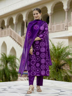 The52 Purple Women's Gorgeous Rayon Embroidered Straight Kurta with Pant And Dupatta Set | Grocsy