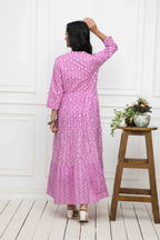 Myshka Women Pink Floral Cotton A-Line Mandarin Collar Long Dress | Grocsy