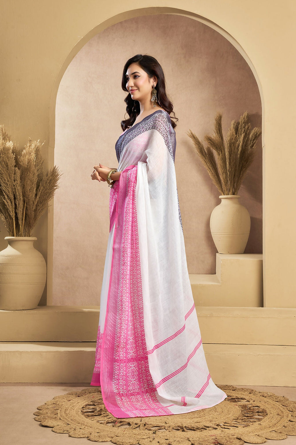 Vastranavya White Digital Printed Linen Ready To Wear Designer Saree with Unstitched Blouse | Grocsy