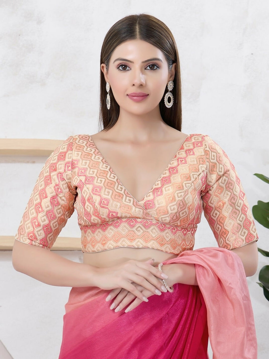 Joban Fashion Gold Brocade Elbow Sleeveless Back Open Blouse | Grocsy