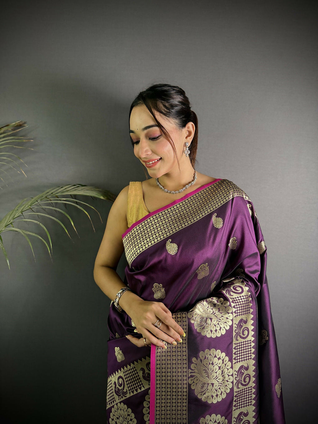 Joban Fashion Wine Banarasi Soft Lichi Silk Paisley Saree | Grocsy