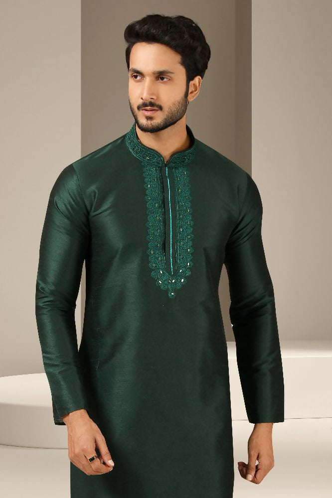 Raivat Ethnic Banarasi Art Silk Mirror Work Kurta Pajama In Dark Green Colour | Grocsy