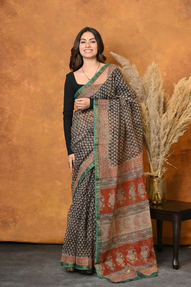 Very Much Indian Handloom Pure Kota Cotton Handblock Printed Saree - Cerulean Print | Grocsy