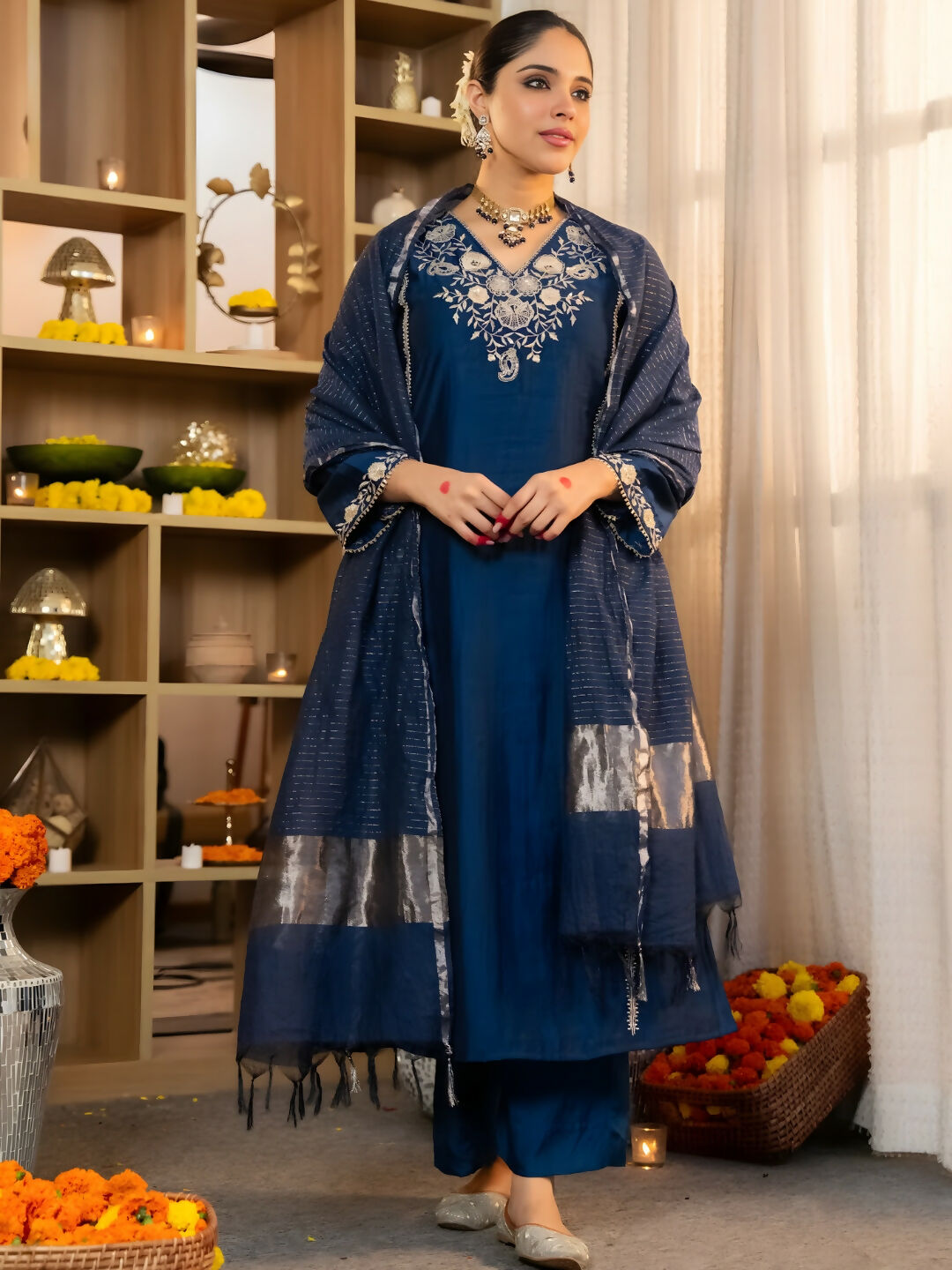 The52 Women's Beautiful Viscose Silk Fabric Embroidery Work A-Line Kurta Pant and Dupatta Set | Grocsy