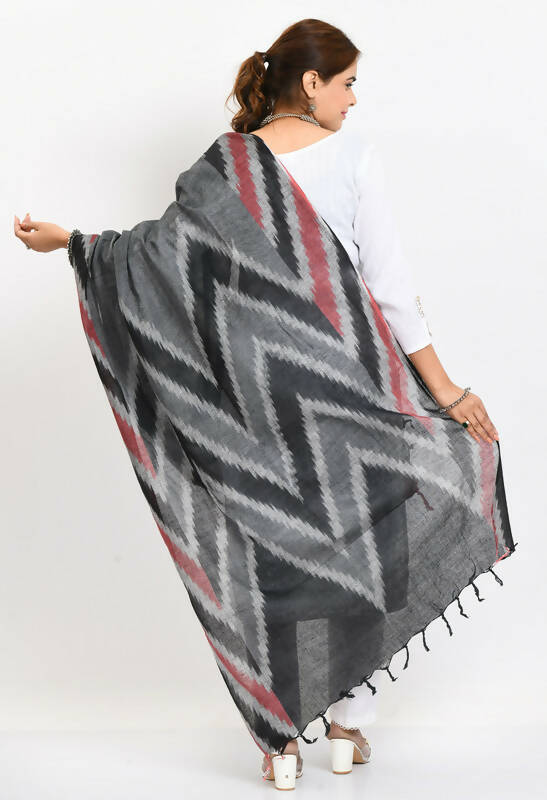 Mominos Fashion Moeza Women's Handloom Cotton Ikkat Maroon/Black Dupatta | Grocsy