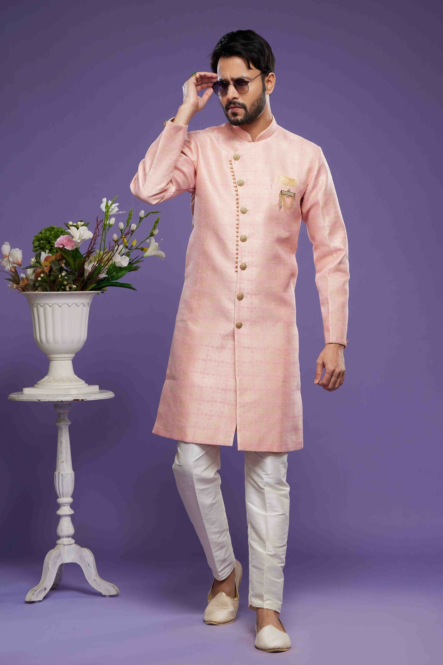 Raivat Ethnic Banarasi Jacquard Embroidery Semi Indo Western Sherwani In Pink Colour | Grocsy