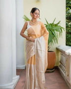 Exclusive Collection Beautiful Pino White Gold Tissue Silk Hand Weaving Handloom Saree With Running Blouse Piece | Grocsy