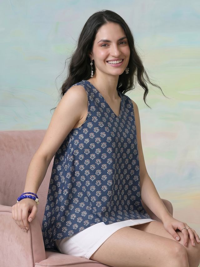 Janasya Teal A-Line Cotton Top | Grocsy