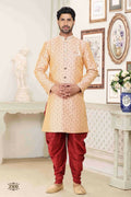 Raivat Ethnic Banarasi Jacquard Embroidery Semi Indo Western Sherwani In Cream Maroon Colour | Grocsy