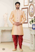 Raivat Ethnic Banarasi Jacquard Embroidery Semi Indo Western Sherwani In Cream Maroon Colour | Grocsy