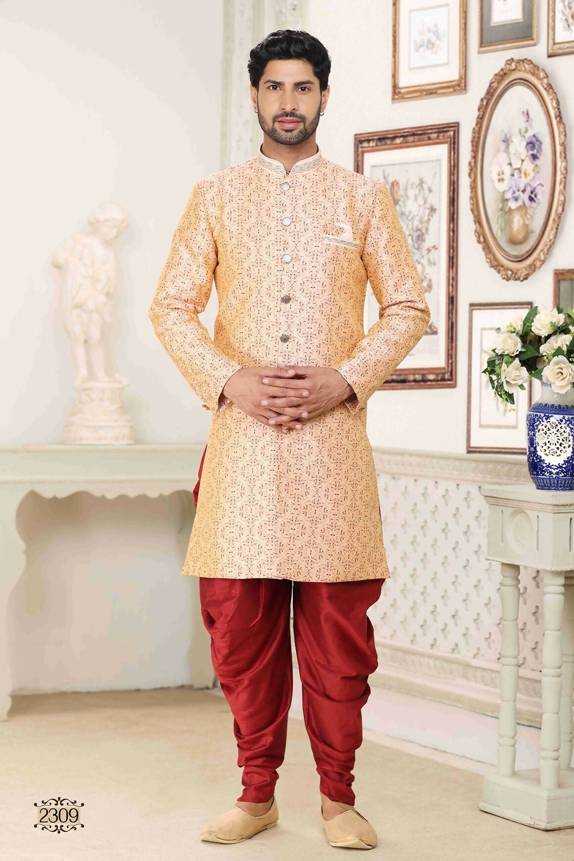 Raivat Ethnic Banarasi Jacquard Embroidery Semi Indo Western Sherwani In Cream Maroon Colour | Grocsy