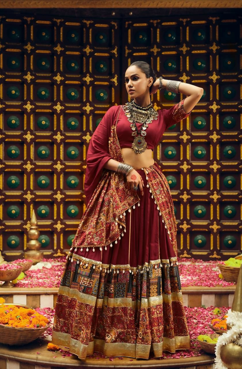 Teeya Creation Maroon Colour Rayon Silk Digital Print Fully Stitched Navratri Lehenga | Grocsy