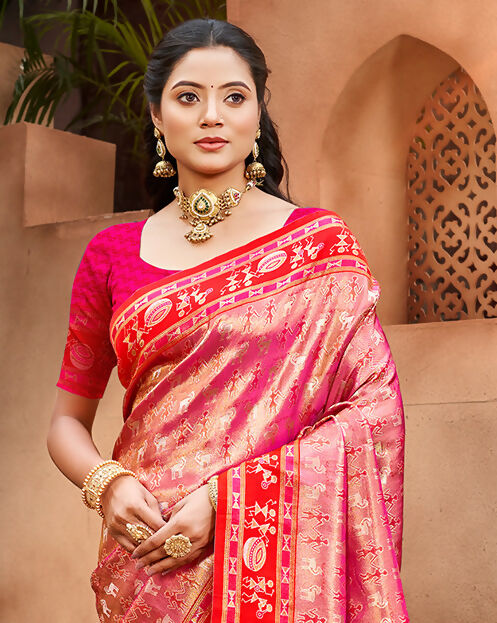 Sangam Prints Red Kanjivaram Silk Woven Work Traditional Saree | Grocsy