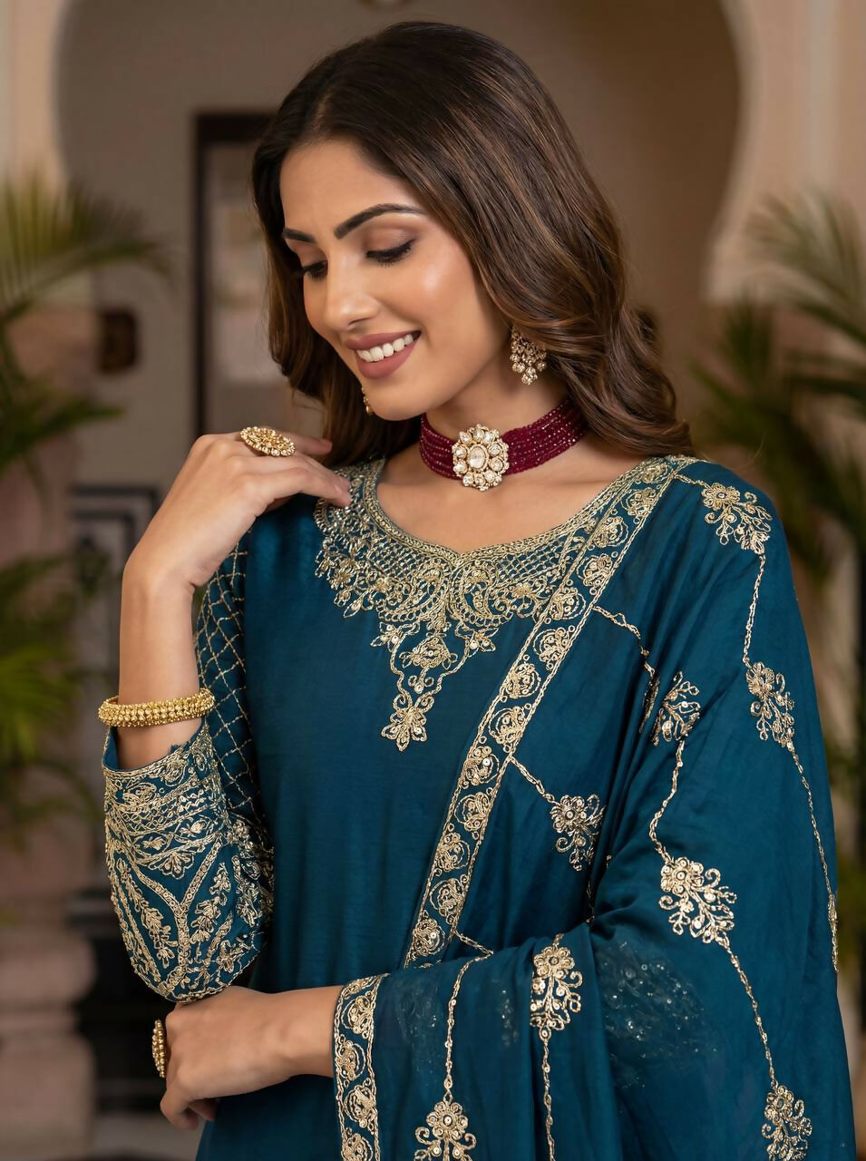 Joban Fashion Teal Silk Embroidered Sharara Set | Grocsy