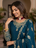 Joban Fashion Teal Silk Embroidered Sharara Set | Grocsy