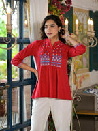 Juniper Women's Red Thread Embroidered Cotton Tunic With Mirror work & Buttons | Grocsy