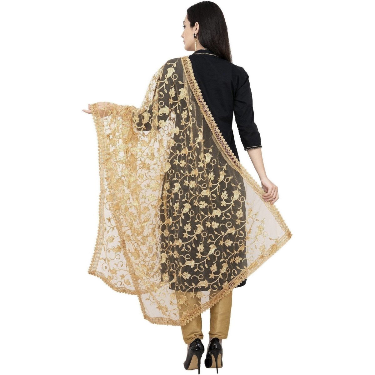A R Silk Net Emb. Fancy Dupatta Color Golden Dupatta or Chunni | Grocsy