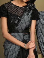 Grey & Black Crystal Crepe Sequence Embroidered Withtexture Saree With Stitched Blouse - Mohmanthan La Belle | Grocsy