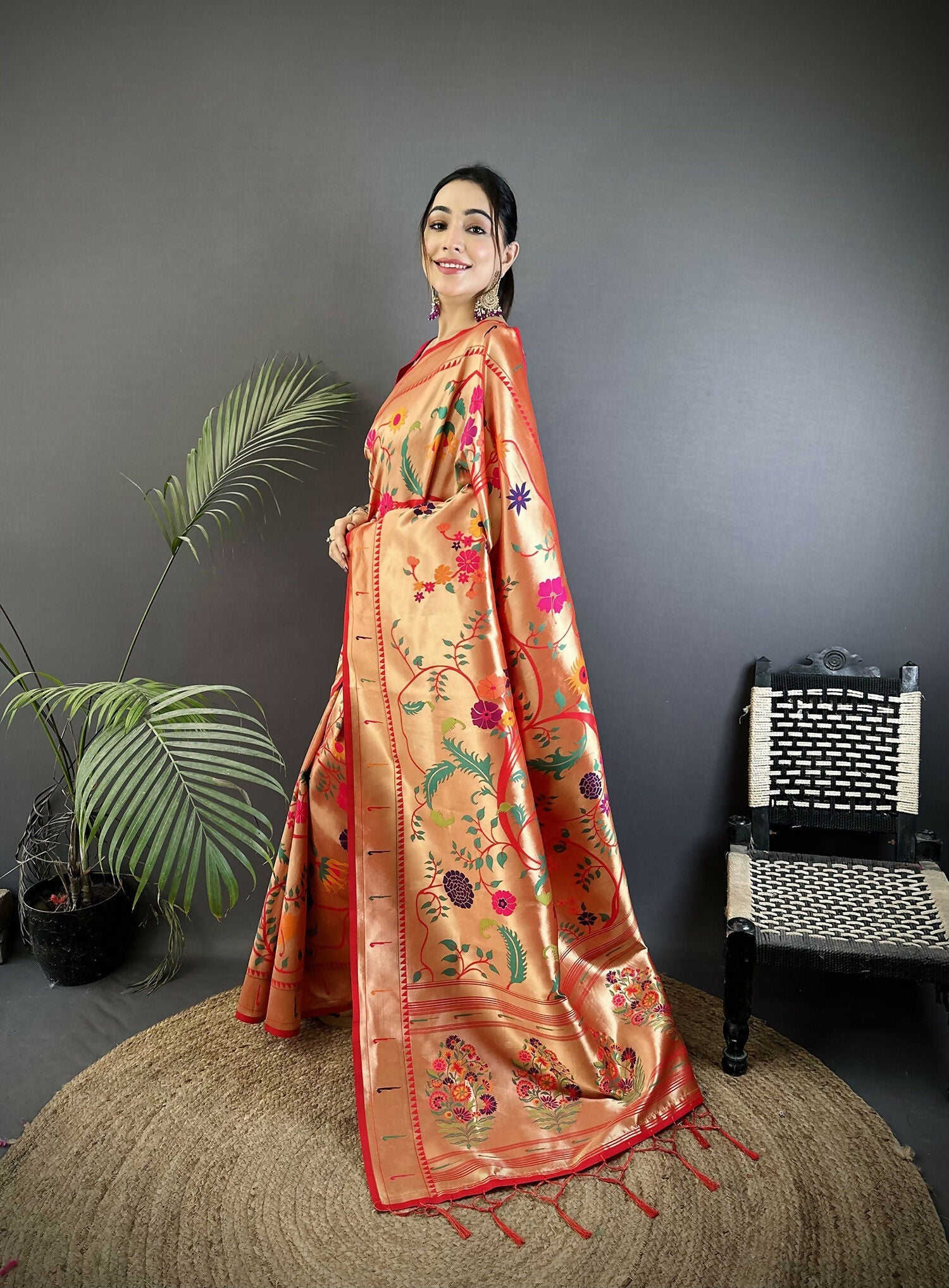 Joban Fashion Pastel Red Floral & Bird Motifs Soft Silk Paithani Saree | Grocsy
