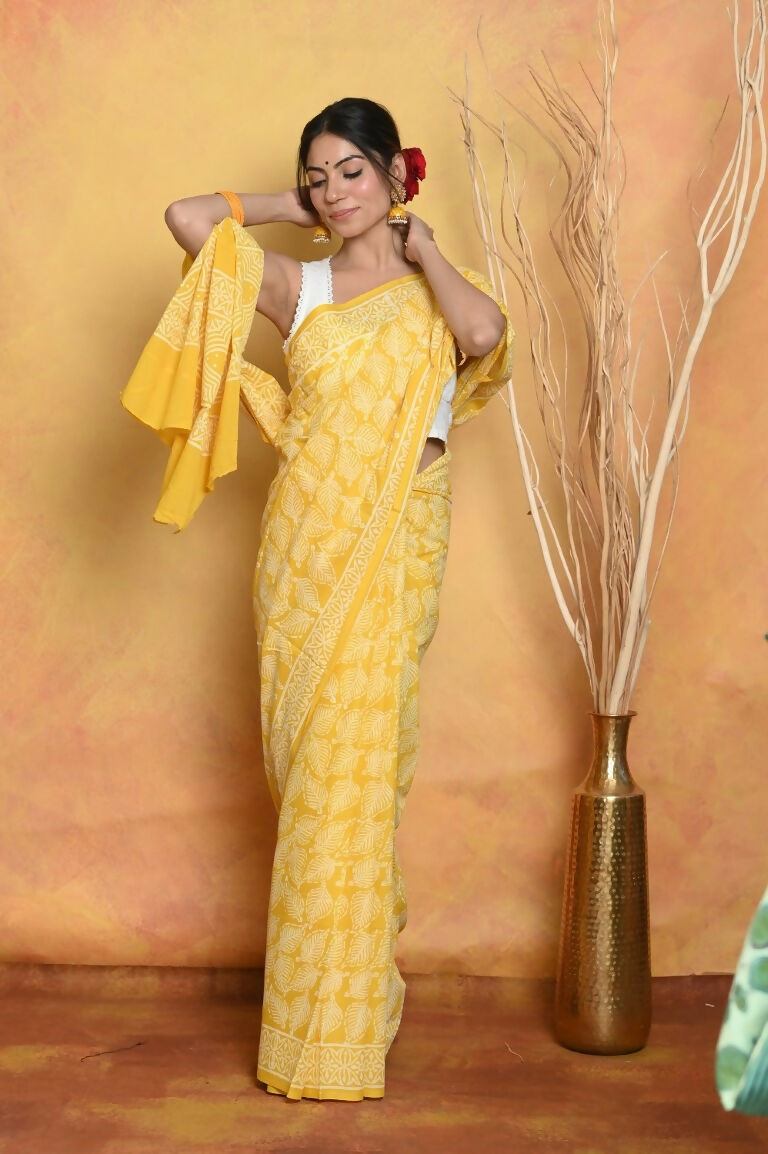 Very Much Indian Handblock Printed Cotton Saree With Natural Dyes - Yellow | Grocsy