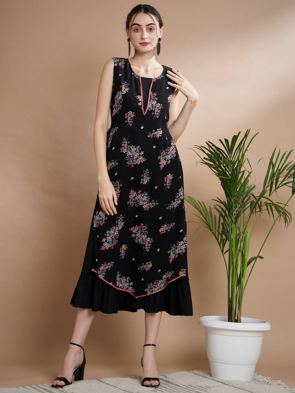 Myshka Women's Black Floral Printed Gown Dress | Grocsy