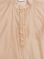 Ahalyaa Boys Beige Poly Silk Gold Printed Kids Kurta Churidar Set | Grocsy