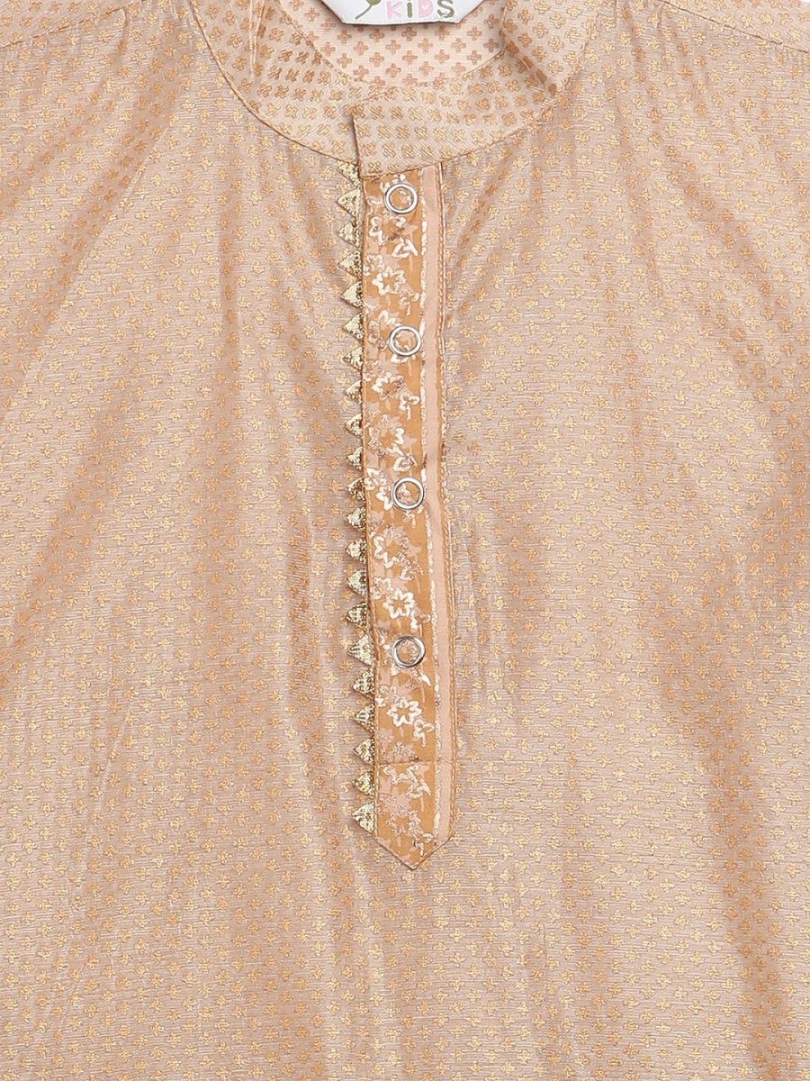 Ahalyaa Boys Beige Poly Silk Gold Printed Kids Kurta Churidar Set | Grocsy