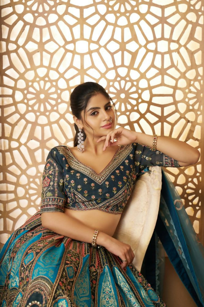 Kesar Fab Blue Banarasi Silk Embroidered Lehenga | Grocsy