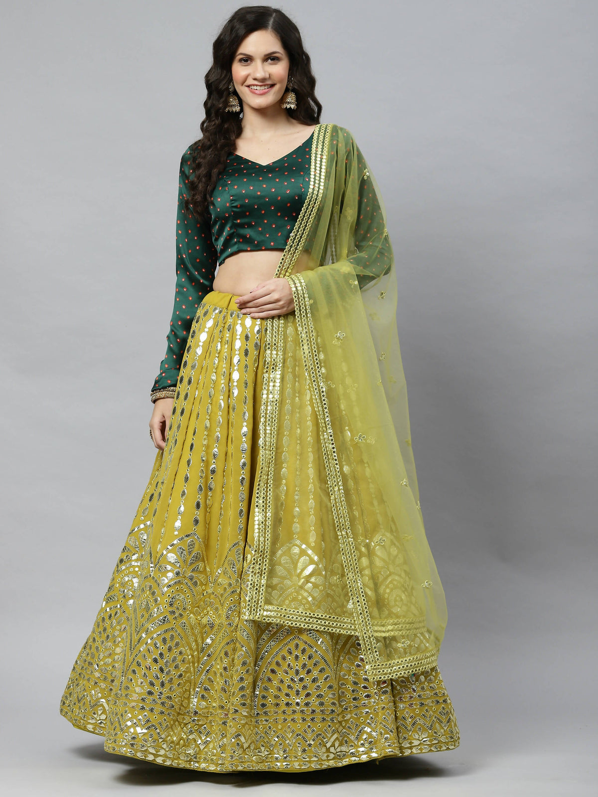Fluorescent green Georgette Paper Mirror Embroidery Work Lehenga Choli with Dupatta - Jivika | Grocsy