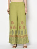 Aniyah Rayon Parrot Green Color Block Print Flared Slip-On Palazzo (AN-196K) | Grocsy