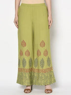 Aniyah Rayon Parrot Green Color Block Print Flared Slip-On Palazzo (AN-196K) | Grocsy