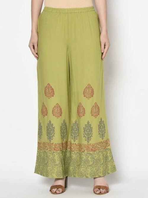 Aniyah Rayon Parrot Green Color Block Print Flared Slip-On Palazzo (AN-196K) | Grocsy